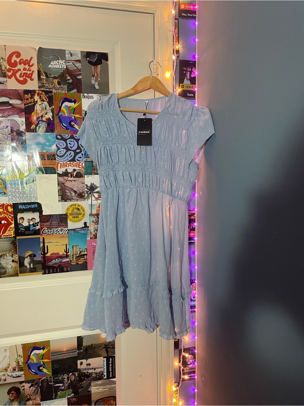Fashion Nova Light Blue Smocked Cap Sleeve Dress